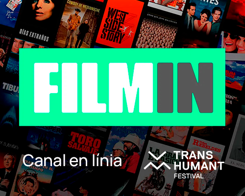 Logotipo de Filmin sobre collage de cartells de pel·lícules, amb el text 'Canal en línia' i el logotipo del Transhumant Festival a la part inferior